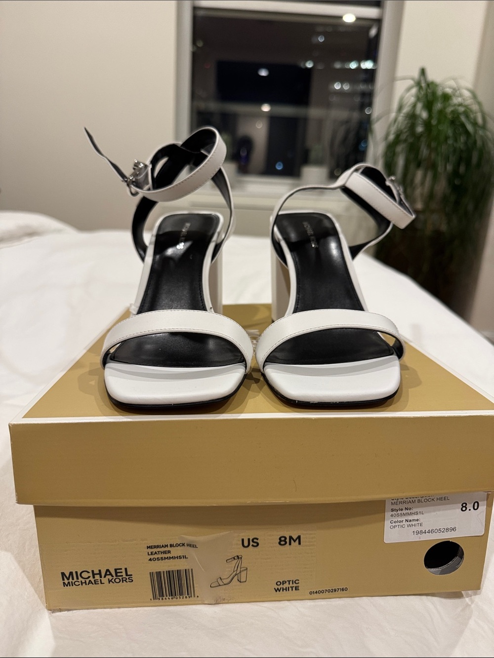 Michael Kors White Leather Ankle-Strap Block Heel Sandals
